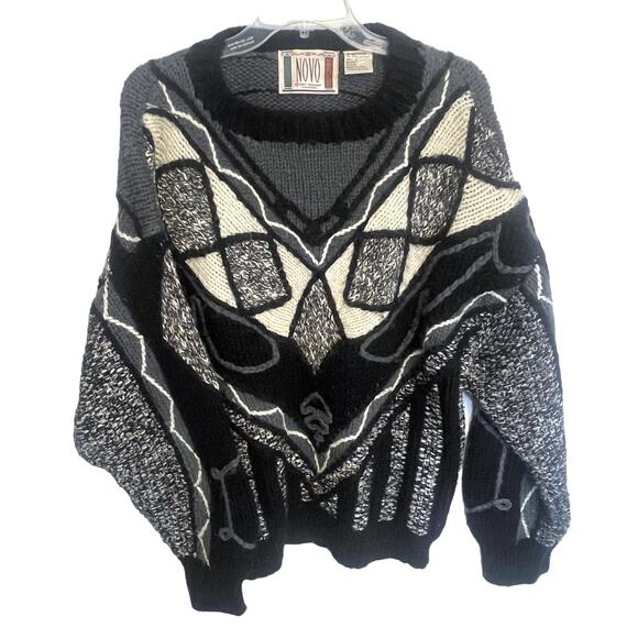 NOVO Vintage 80's Textured Sweater Mens Large Black Gray Cream Chunky 3D VTG - Picture 1 of 6